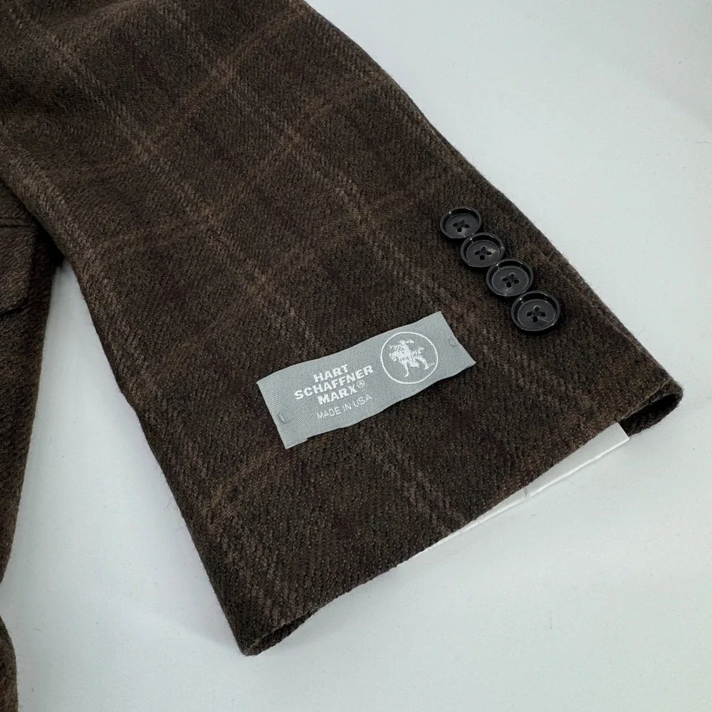 Hart Schaffner Marx Mens 46R Brown Plaid 100% Worsted Wool Blazer Sport Coat USA